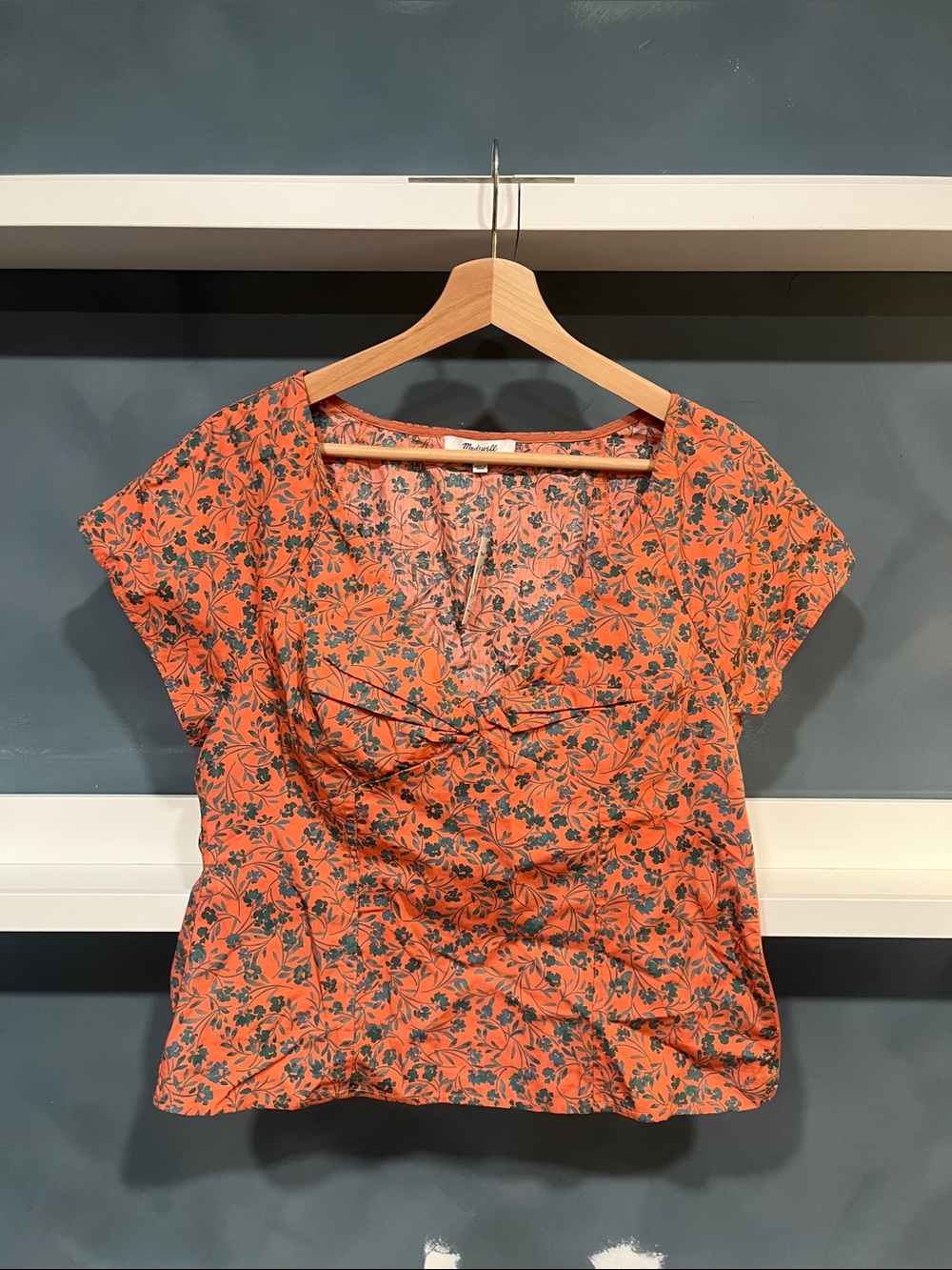 Madewell Orange and Green Floral Cap-Sleeve Blouse